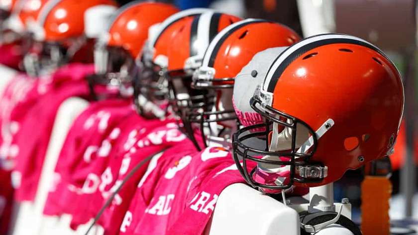 Cleveland Browns helmets rest on the bench prior to a game against the Baltimore Ravens at M&T Bank Stadium on October 11, 2015 in Baltimore, Maryland.