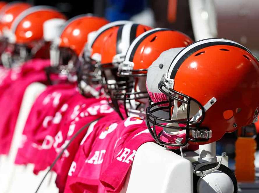 Cleveland Browns helmets rest on the bench prior to a game against the Baltimore Ravens at M&T Bank Stadium on October 11, 2015 in Baltimore, Maryland.