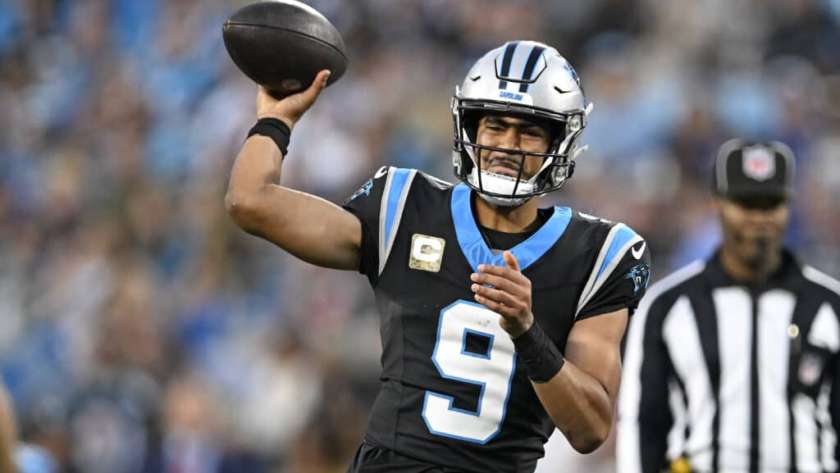 Bryce Young #9 of the Carolina Panthers throws a pass during the second quarter of the game against the Indianapolis Colts at Bank of America Stadium on November 05, 2023 in Charlotte, North Carolina.