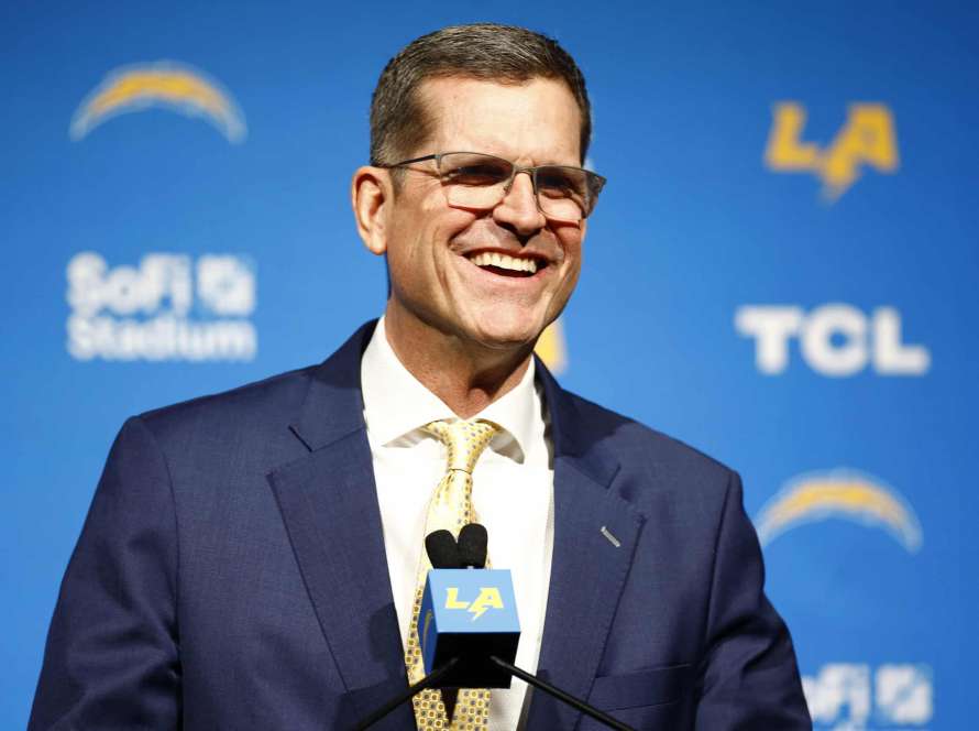 INGLEWOOD, CALIFORNIA - FEBRUARY 01: Newly appointed head coach Jim Harbaugh of the Los Angeles Chargers speaks to the media during a press conference at YouTube Theater on February 01, 2024 in Inglewood, California.