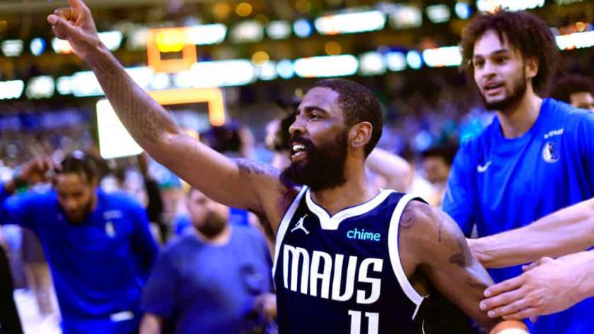 Kyrie Irving #11 of the Dallas Mavericks celebrates after hitting the game winning shot against the Denver Nuggets at American Airlines Center on March 17, 2024 in Dallas, Texas.