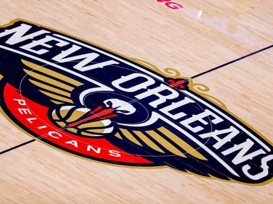 General view of the New Orleans Pelicans logo at midcourt during a NBA game between the New Orleans Pelicans and the Golden State Warriors at Smoothie King Center in New Orleans, LA on Nov 17, 2019.