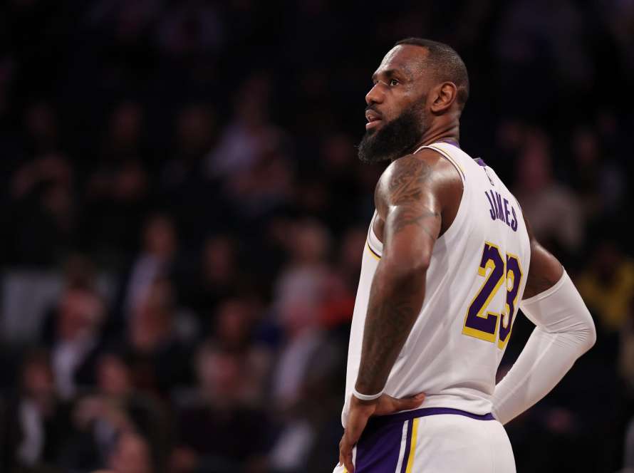 NEW YORK, NEW YORK - FEBRUARY 03: LeBron James #23 of the Los Angeles Lakers looks on against the New York Knicks during their game at Madison Square Garden on February 03, 2024 in New York City. User expressly acknowledges and agrees that, by downloading and or using this photograph, User is consenting to the terms and conditions of the Getty Images License Agreement.