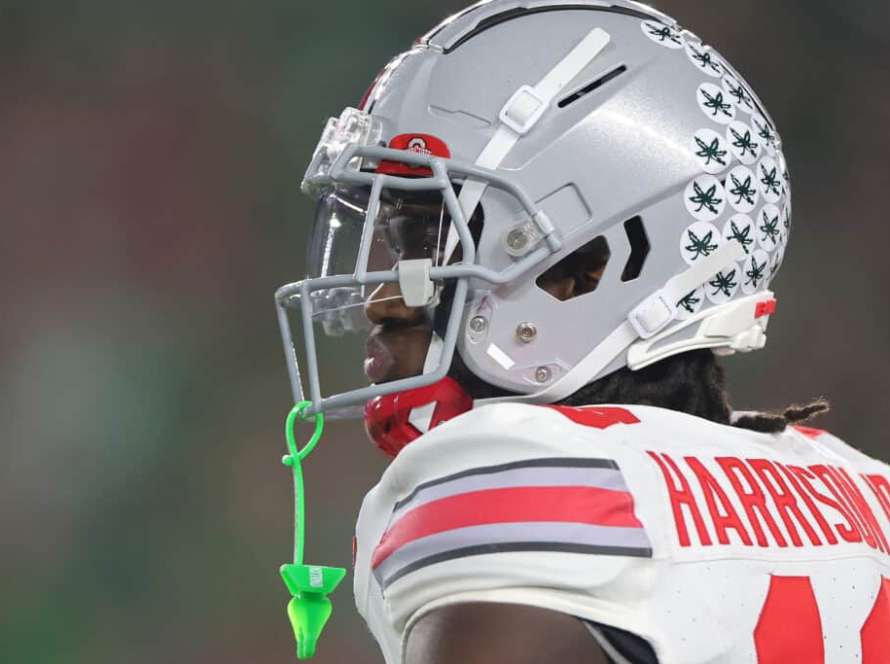 SOUTH BEND, INDIANA - SEPTEMBER 23: Marvin Harrison Jr. #18 of the Ohio State Buckeyes looks on against the Notre Dame Fighting Irish during the first half at Notre Dame Stadium on September 23, 2023 in South Bend, Indiana.