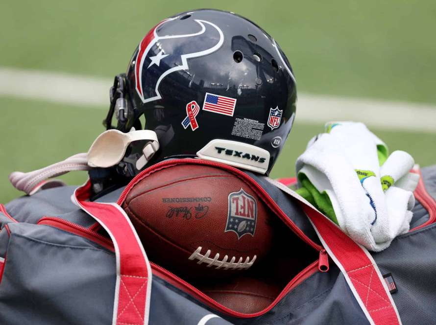 BALTIMORE, MARYLAND - SEPTEMBER 10: A Houston Texans helmet sits on the sideline during the Texans and Baltimore Ravens game at M&T Bank Stadium on September 10, 2023 in Baltimore, Maryland.
