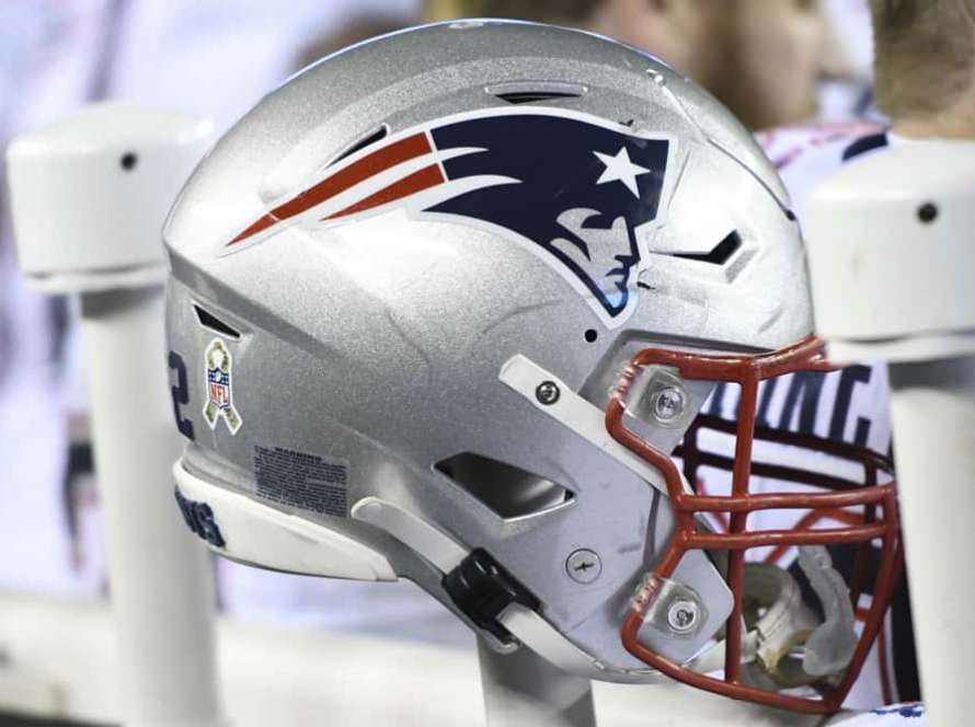 New England Patriots helmet sits on the bench during the game between the New England Patriots and the Philadelphia Eagles on November 17, 2019 at Lincoln Financial Field in Philadelphia, PA.