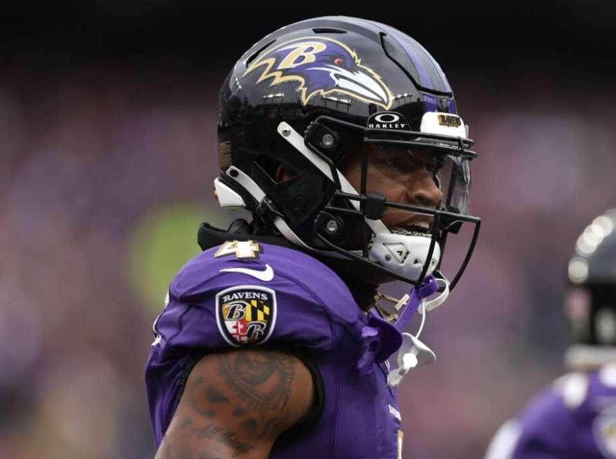 BALTIMORE, MARYLAND - JANUARY 28: Zay Flowers #4 of the Baltimore Ravens celebrates after a touchdown against the Kansas City Chiefs during the first quarter in the AFC Championship Game at M&T Bank Stadium on January 28, 2024 in Baltimore, Maryland.