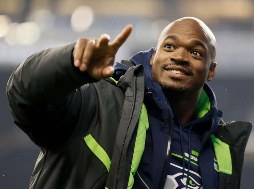 Adrian Peterson #21 of the Seattle Seahawks reacts after defeating the Detroit Lions 51-29 at Lumen Field on January 02, 2022 in Seattle, Washington.