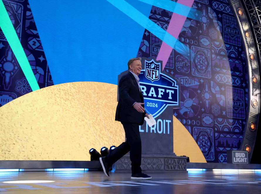 DETROIT, MICHIGAN - APRIL 25: NFL Commissioner Roger Goodell walks onstage during the first round of the 2024 NFL Draft at Campus Martius Park and Hart Plaza on April 25, 2024 in Detroit, Michigan.