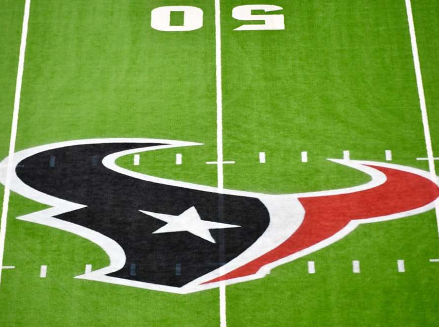 A detail view of the Houston Texans logo prior to the game between the Houston Texans and the Green Bay Packers at NRG Stadium on October 25, 2020 in Houston, Texas.