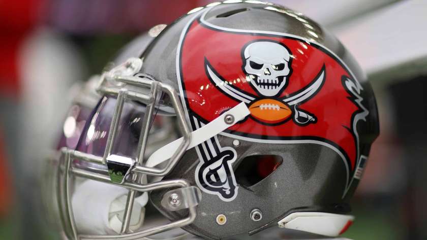 A detailed view of Tampa Bay Buccaneers helmets on the team bench ahead of the NFL game between Carolina Panthers and Tampa Bay Buccaneers at Tottenham Hotspur Stadium on October 13, 2019 in London, England.