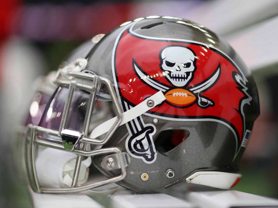A detailed view of Tampa Bay Buccaneers helmets on the team bench ahead of the NFL game between Carolina Panthers and Tampa Bay Buccaneers at Tottenham Hotspur Stadium on October 13, 2019 in London, England.