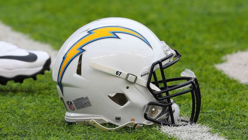 Los Angeles Chargers Helmet on the field prior to the National Football League game between the New York Jets and the Los Angeles Chargers on December 24, 2017, at MetLife Stadium in East Rutherford, NJ.