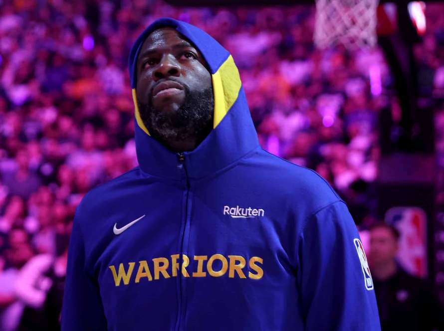 Draymond Green #23 of the Golden State Warriors stands for the national anthem before Game Five of the Western Conference First Round Playoffs against the Sacramento Kings at Golden 1 Center on April 26, 2023 in Sacramento, California. NOTE TO USER: User expressly acknowledges and agrees that, by downloading and or using this photograph, User is consenting to the terms and conditions of the Getty Images License Agreement.