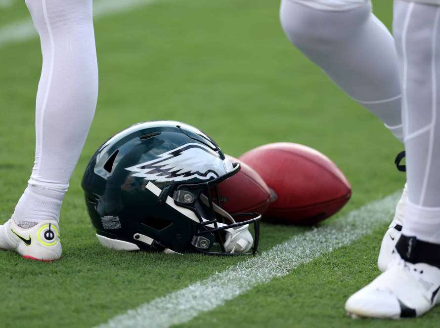 BALTIMORE, MARYLAND - AUGUST 12: A Philadelphia Eagles helmet sits on the grass before the start of a preseason game against the Baltimore Ravens at M&T Bank Stadium on August 12, 2023 in Baltimore, Maryland.