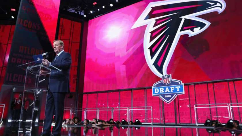 NFL Commissioner Roger Goodell announces a pick by the Atlanta Falcons during the first round of the 2018 NFL Draft at AT&T Stadium on April 26, 2018 in Arlington, Texas.