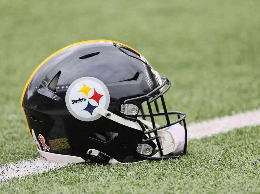 A Pittsburgh Steelers helmet on the field during the game against the Cincinnati Bengals at Paycor Stadium on September 11, 2022 in Cincinnati, Ohio.