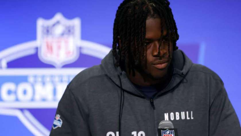 Olu Fashanu #OL18 of the Penn State Nittany Lions speaks to the media during the 2024 NFL Combine at the Indiana Convention Center on March 02, 2024 in Indianapolis, Indiana.