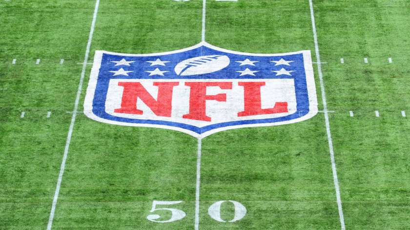 detailed view of the NFL logo on the pitch during the NFL match between the Carolina Panthers and Tampa Bay Buccaneers at Tottenham Hotspur Stadium on October 13, 2019 in London, England.