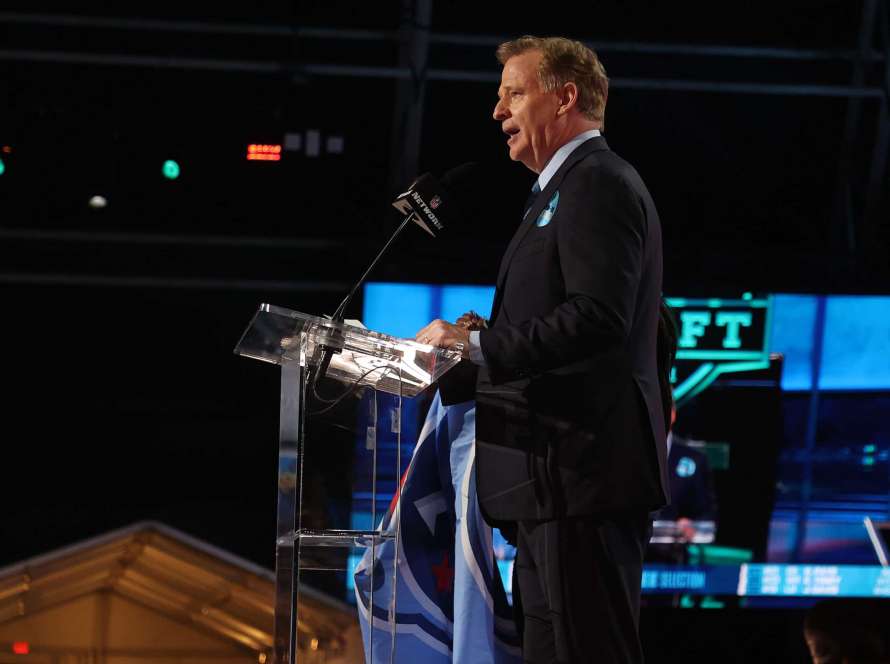 NFL Commissioner Roger Goodell announces Caleb Farley as the 22st selection by the Indianapolis Colts during round one of the 2021 NFL Draft at the Great Lakes Science Center on April 29, 2021 in Cleveland, Ohio.