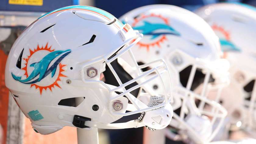 A detail of a Miami Dolphins helmet prior to the game against the Chicago Bears at Soldier Field on November 06, 2022 in Chicago, Illinois