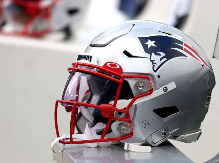 A view of New England Patriots helmets at Gillette Stadium on October 17, 2021 in Foxborough, Massachusetts.