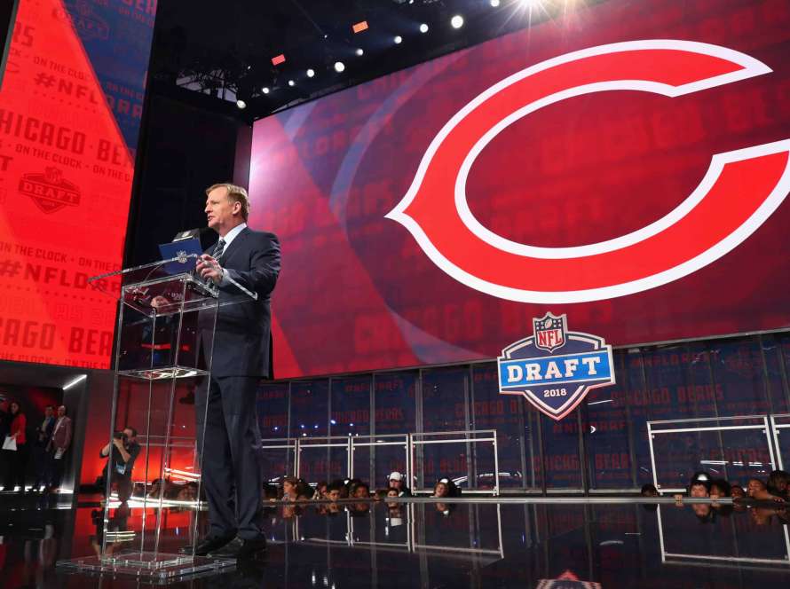 ARLINGTON, TX - APRIL 26: NFL Commissioner Roger Goodell announces a pick by the Chicago Bears during the first round of the 2018 NFL Draft at AT&T Stadium on April 26, 2018 in Arlington, Texas.