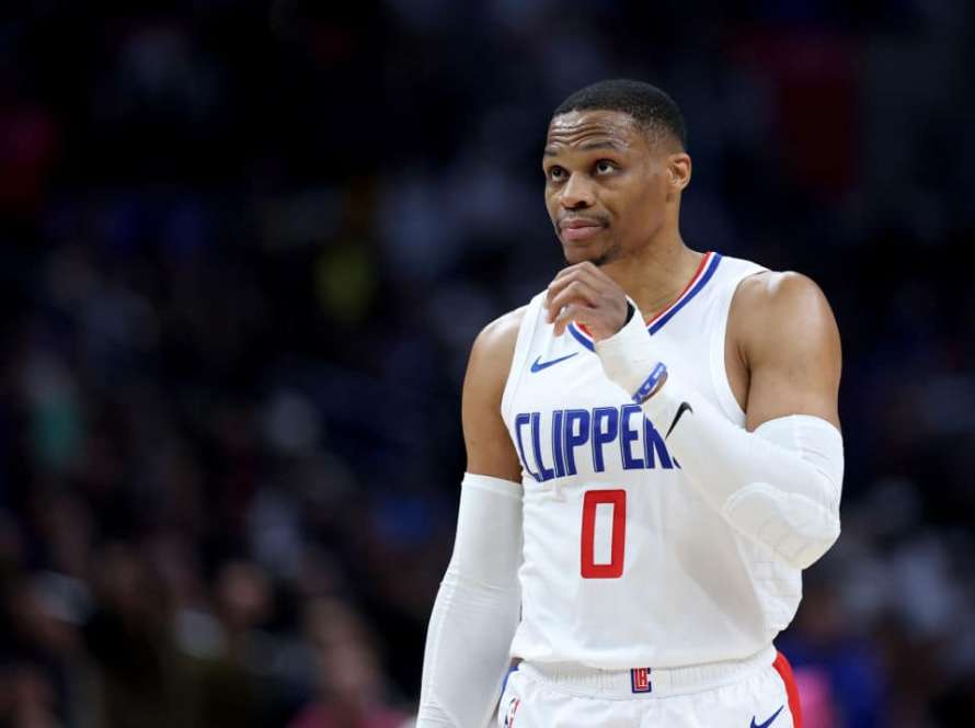 Russell Westbrook #0 of the LA Clippers reacts during a 102-100 win over the Denver Nuggets at Crypto.com Arena on April 04, 2024 in Los Angeles, California.