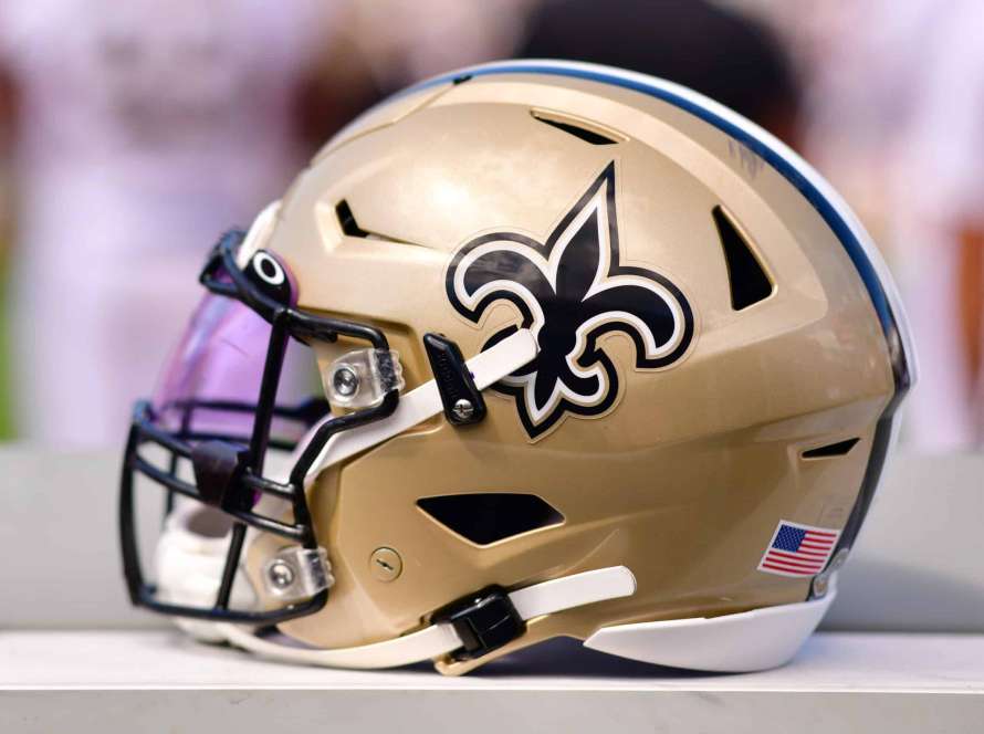 A New Orleans Saints helmet is seen on the bench during the game between the New Orleans Saints and the Jacksonville Jaguars at TIAA Bank Field on October 13, 2019 in Jacksonville, Florida.
