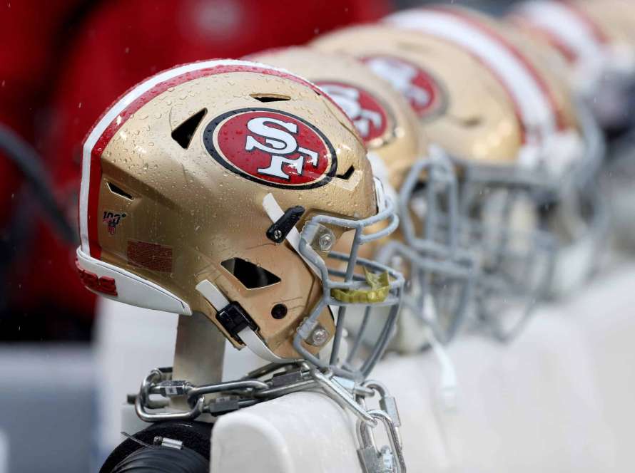 Helmets sit on the bench of the San Francisco 49ers during their game against the Washington Redskins at FedExField on October 20, 2019 in Landover, Maryland