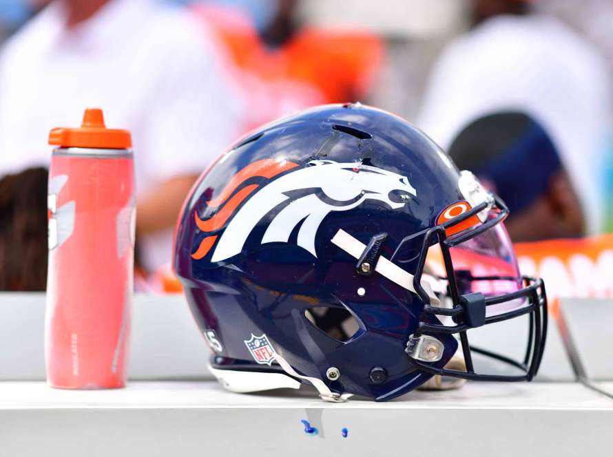 A detailed view of a Denver Broncos helmet during the game between the Denver Broncos and the Jacksonville Jaguars at TIAA Bank Field on September 19, 2021 in Jacksonville, Florida.