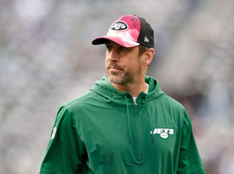Aaron Rodgers #8 of the New York Jets looks on prior to the game against the Philadelphia Eagles at MetLife Stadium on October 15, 2023 in East Rutherford, New Jersey.