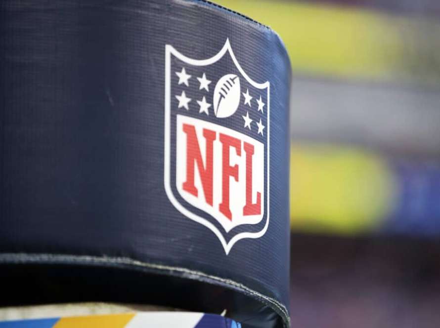 A detailed view of the NFL logo is seen at SoFi Stadium during the game between the Arizona Cardinals and the Los Angeles Rams on October 03, 2021 in Inglewood, California.