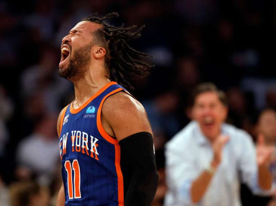 Jalen Brunson #11 of the New York Knicks reacts after making a three-point shot during the second half against the Toronto Raptors at Madison Square Garden on January 20, 2024 in New York City. The Knicks won 126-120.