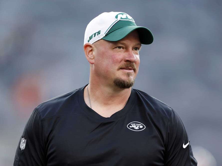 Offensive coordinator Nathaniel Hackett of the New York Jets looks on during warmups during the first half of a preseason game against the Tampa Bay Buccaneers at MetLife Stadium on August 19, 2023 in East Rutherford, New Jersey.