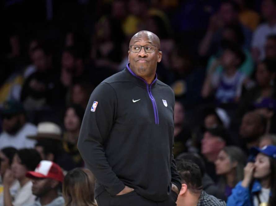 Head coach Mike Brown of the Sacramento Kings looks on during the first half against Sacramento Kings at Crypto.com Arena on October 3, 2022 in Los Angeles, California.