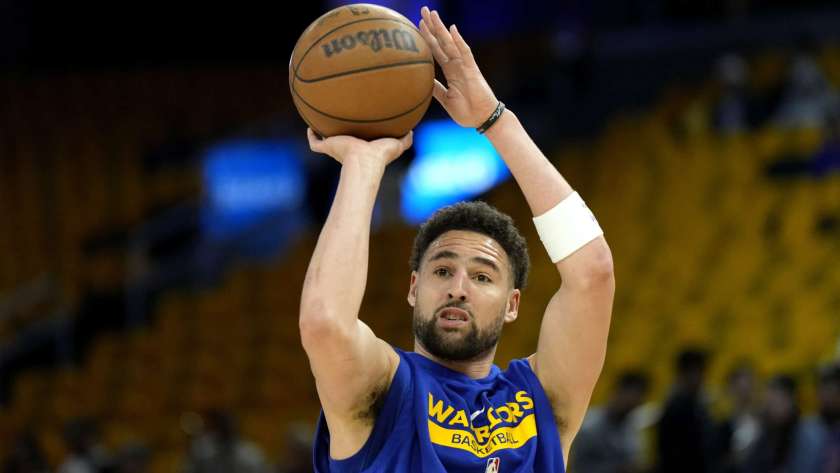 Klay Thompson #11 of the Golden State Warriors warms up prior to facing the Los Angeles Lakers in game five of the Western Conference Semifinal Playoffs at Chase Center on May 10, 2023 in San Francisco, California. NOTE TO USER: User expressly acknowledges and agrees that, by downloading and or using this photograph, User is consenting to the terms and conditions of the Getty Images License Agreement.