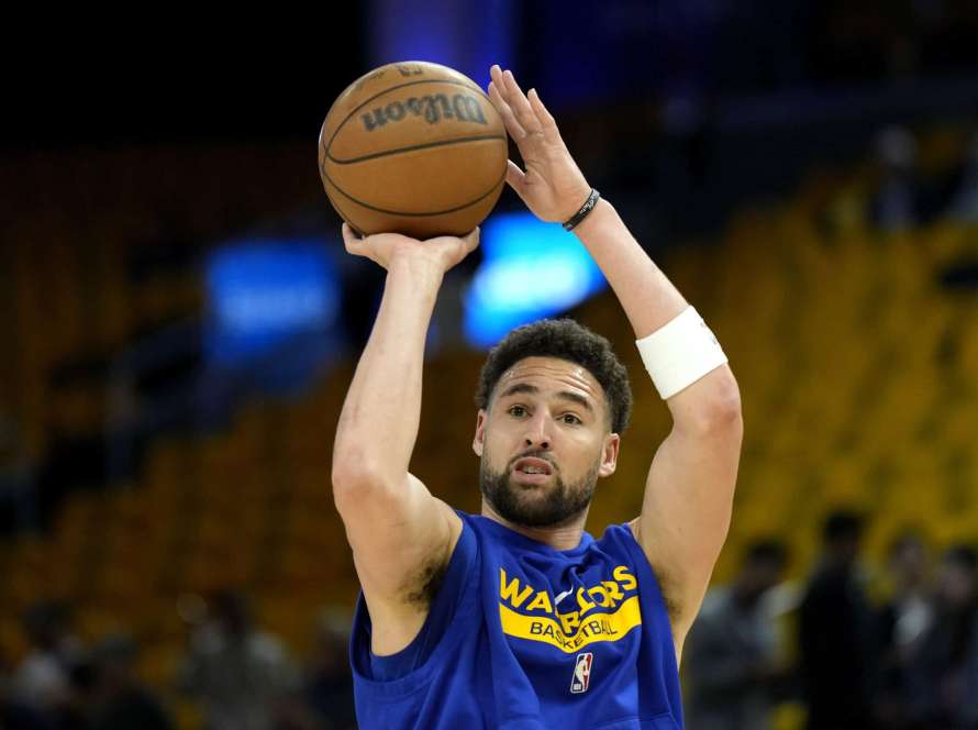 Klay Thompson #11 of the Golden State Warriors warms up prior to facing the Los Angeles Lakers in game five of the Western Conference Semifinal Playoffs at Chase Center on May 10, 2023 in San Francisco, California. NOTE TO USER: User expressly acknowledges and agrees that, by downloading and or using this photograph, User is consenting to the terms and conditions of the Getty Images License Agreement.