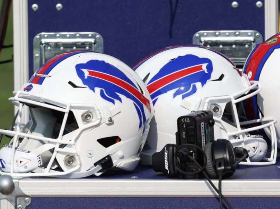 ORCHARD PARK, NY - JULY 28: A general view of the helmets worn by Buffalo Bills players during training camp at the Adpro Sports Training Center on July 28, 2021 in Orchard Park, New York.