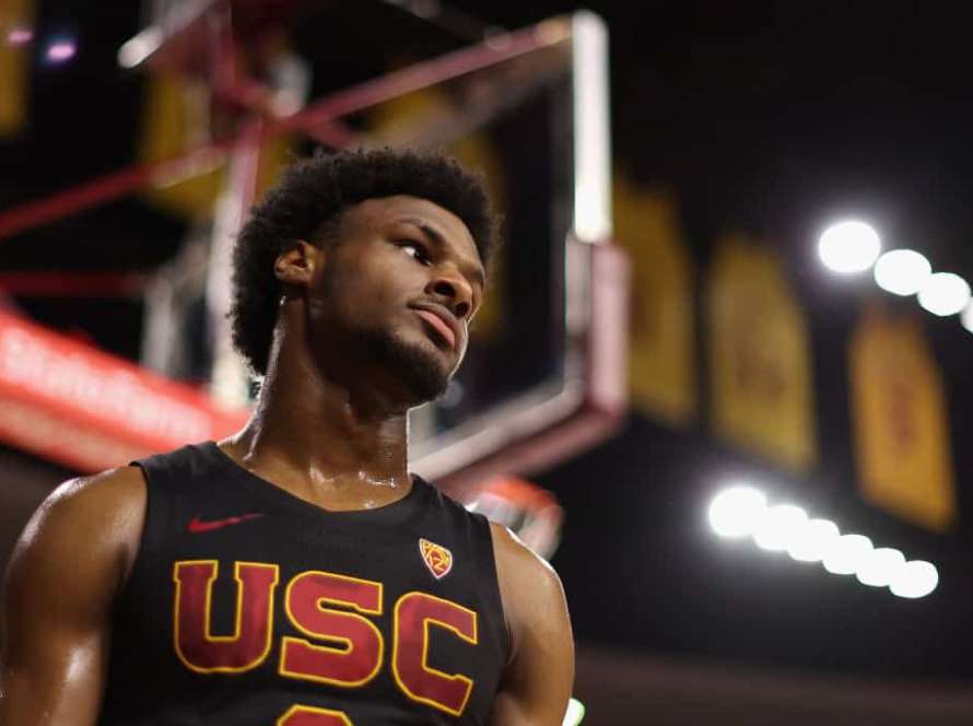 Bronny James #6 of the USC Trojans reacts during the first half of the NCAAB game against the Arizona State Sun Devils at Desert Financial Arena on January 20, 2024 in Tempe, Arizona.