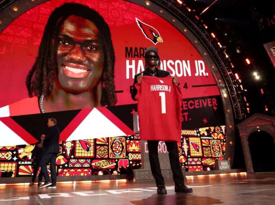 DETROIT, MICHIGAN - APRIL 25: Marvin Harrison Jr. celebrates after being selected fourth overall by the Arizona Cardinals during the first round of the 2024 NFL Draft at Campus Martius Park and Hart Plaza on April 25, 2024 in Detroit, Michigan.