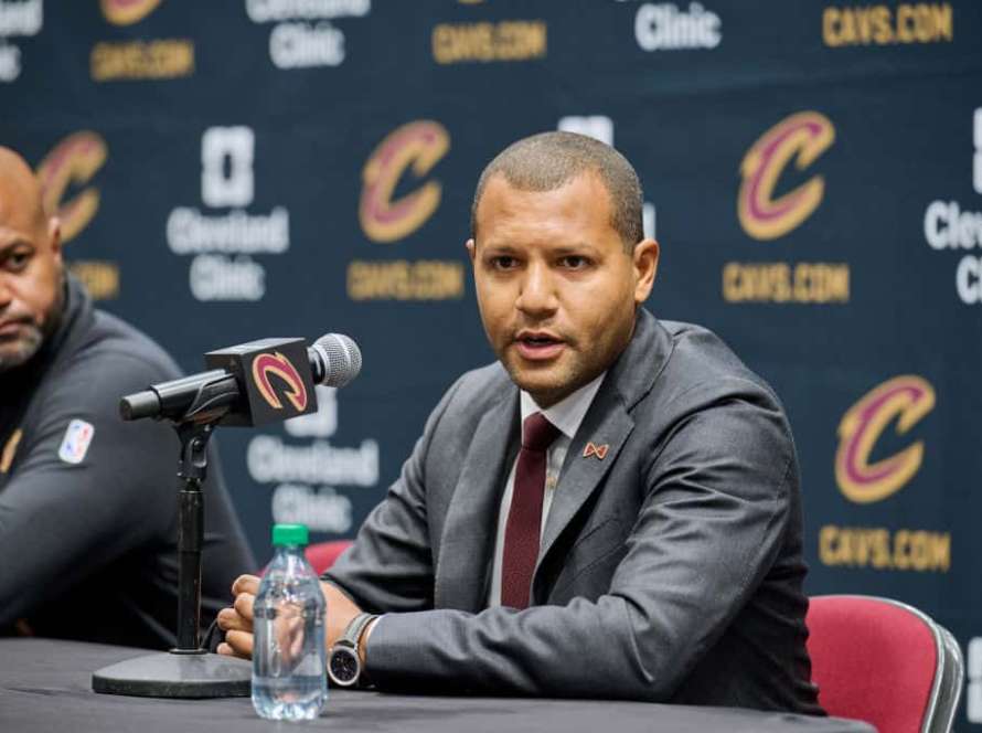 General manager Koby Altman of the Cleveland Cavaliers is interviewed during media day at Rocket Mortgage Fieldhouse on October 02, 2023 in Cleveland, Ohio.