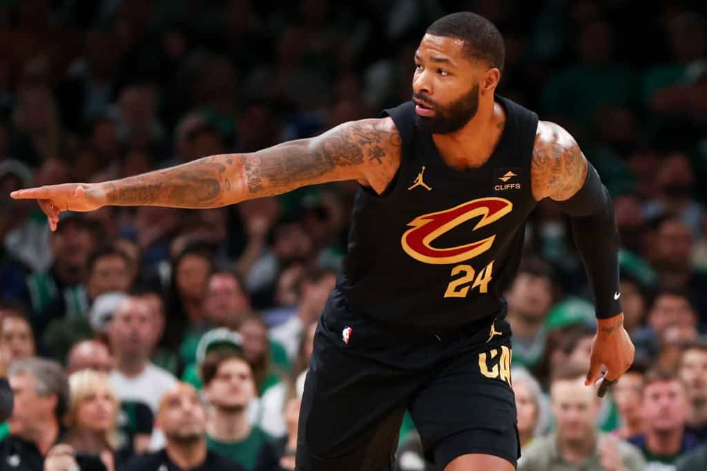 Marcus Morris Sr. #24 of the Cleveland Cavaliers reacts during the first quarter in Game One of the Eastern Conference Second Round Playoffs against the Boston Celtics at TD Garden on May 07, 2024 in Boston, Massachusetts.