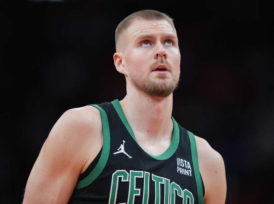 HOUSTON, TEXAS - JANUARY 21: Kristaps Porzingis #8 of the Boston Celtics looks on during the second quarter of the game against the Houston Rockets at Toyota Center on January 21, 2024 in Houston, Texas. NOTE TO USER: User expressly acknowledges and agrees that, by downloading and or using this photograph, User is consenting to the terms and conditions of the Getty Images License Agreement.