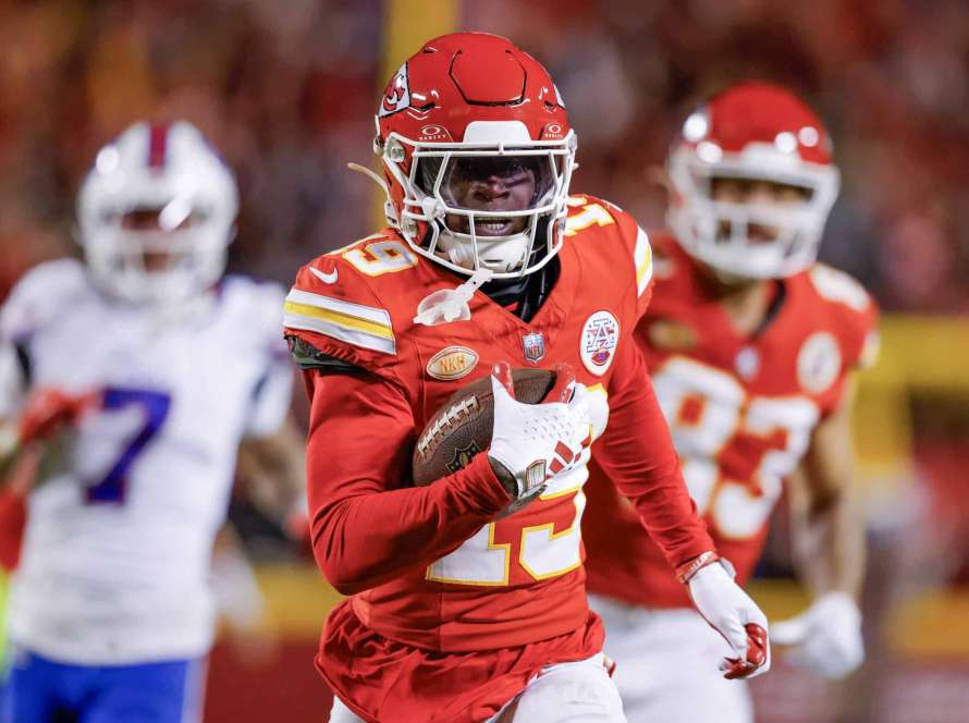 KANSAS CITY, MISSOURI - DECEMBER 10: Kadarius Toney #19 of the Kansas City Chiefs carries the ball for a touchdown on a play that was called back due to a penalty during the second half of the game against the Buffalo Bills at GEHA Field at Arrowhead Stadium on December 10, 2023 in Kansas City, Missouri.