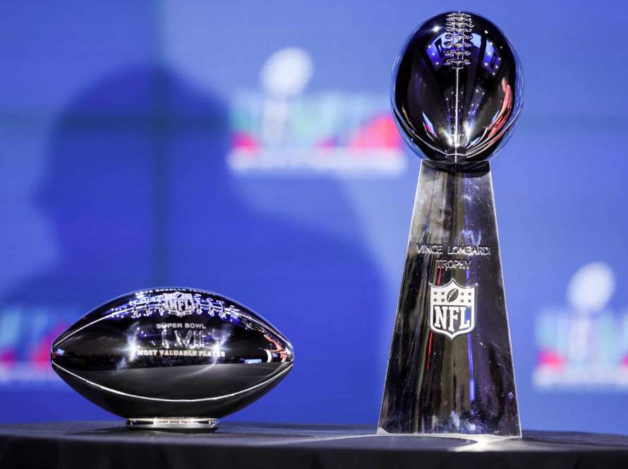 PHOENIX, ARIZONA - FEBRUARY 13: The Vince Lombardi Trophy is seen during a press conference at Phoenix Convention Center on February 13, 2023 in Phoenix, Arizona.