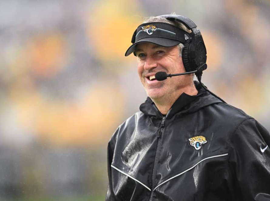 Head Coach Doug Pederson of the Jacksonville Jaguars smiles during the first quarter of the game against the Pittsburgh Steelers at Acrisure Stadium on October 29, 2023 in Pittsburgh, Pennsylvania.
