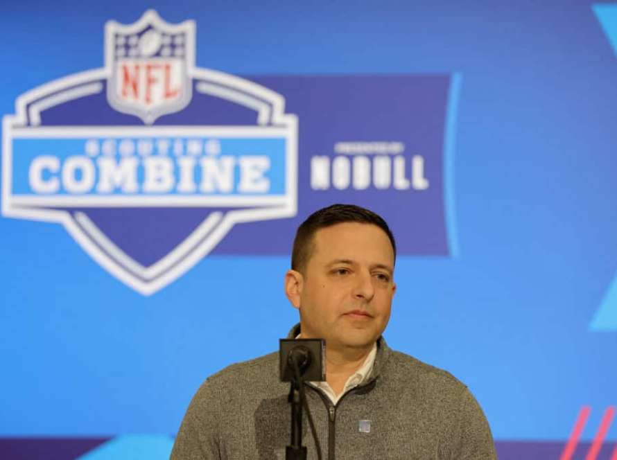 INDIANAPOLIS, INDIANA - FEBRUARY 27: Director of scouting Eliot Wolf of the New England Patriots speaks to the media during the NFL Combine at the Indiana Convention Center on February 27, 2024 in Indianapolis, Indiana.