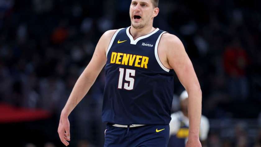 Nikola Jokic #15 of the Denver Nuggets reacts after a Nuggets basket during a 102-100 loss to the LA Clippers at Crypto.com Arena on April 04, 2024 in Los Angeles, California.