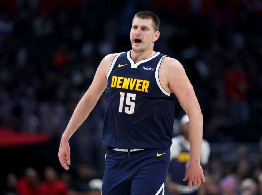 Nikola Jokic #15 of the Denver Nuggets reacts after a Nuggets basket during a 102-100 loss to the LA Clippers at Crypto.com Arena on April 04, 2024 in Los Angeles, California.